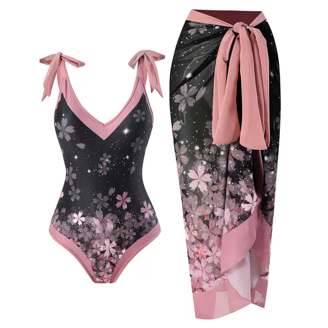Swimsuit Women's One piece Skinny Print Chiffon Dress Two Piece Swimwear Pink Flower Suit - Shop at LoveMi