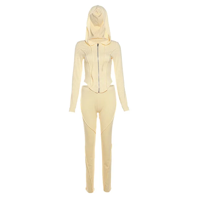New Fashion Versatile Hooded Long sleeve Zipper Pure Color Slimming Casual Pants Two piece Set Apricot - Shop at LoveMi