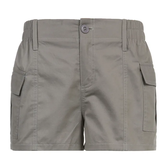 Leisure Cargo Woven Pants Elastic Waist Button Asymmetric Pocket Solid Color Low Waist Shorts Gray - Shop at LoveMi
