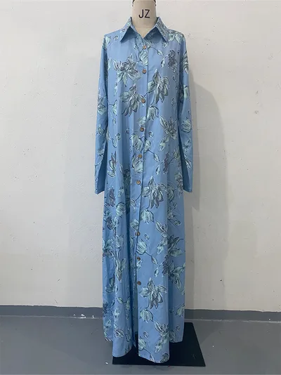Fashion New Print Long Sleeve Loose Collarless Cardigan Dress Sky Blue - Shop at LoveMi
