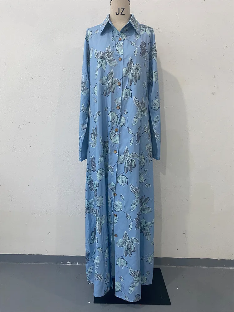 Fashion New Print Long Sleeve Loose Collarless Cardigan Dress - Sky Blue