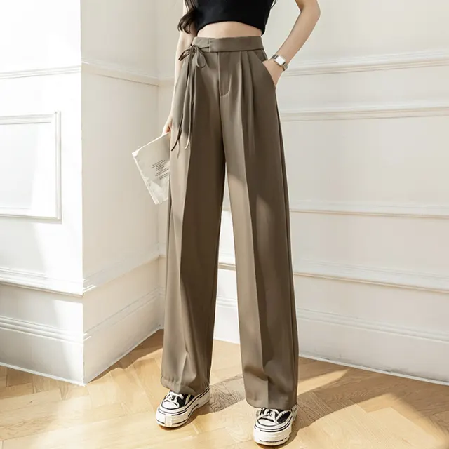 High Waist Drooping New Straight Lace up Suit Pants For Women Khaki - Shop at LoveMi