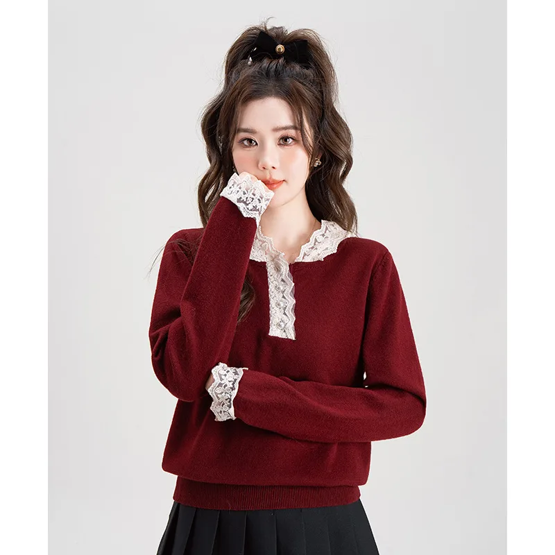 Stitching Hooded Long-sleeved New Bottoming Shirt Top - Red - View 1