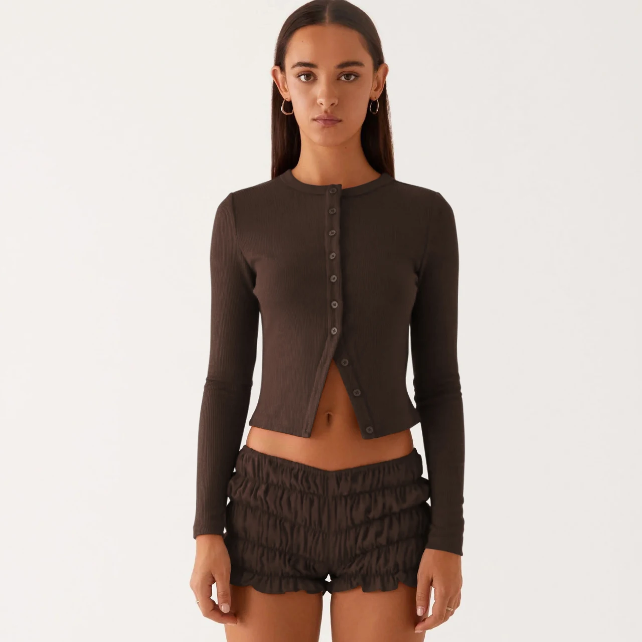 New Solid Color Slim-fit High-grade Long Button Cardigan Top - Coffee