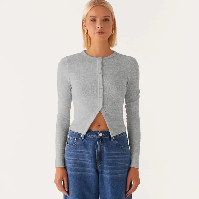 New Solid Color Slim fit High grade Long Button Cardigan Top Flower Gray - Shop at LoveMi