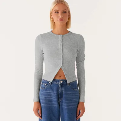 New Solid Color Slim fit High grade Long Button Cardigan Top Gray - Shop at LoveMi