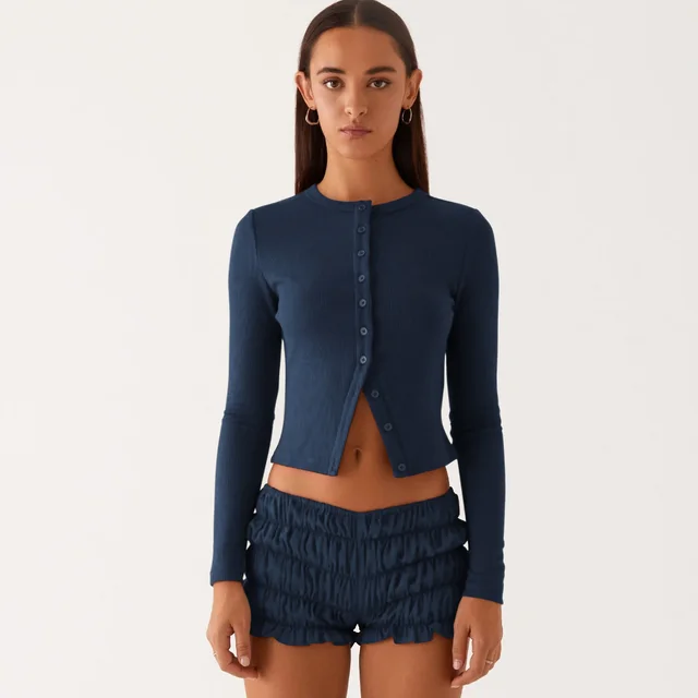 New Solid Color Slim fit High grade Long Button Cardigan Top Purplish Blue - Shop at LoveMi