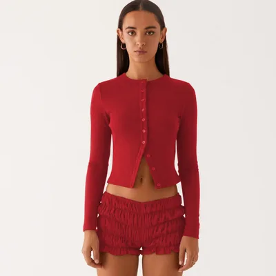 New Solid Color Slim fit High grade Long Button Cardigan Top Red - Shop at LoveMi