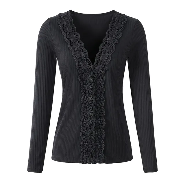 New Lace Long Sleeve Sweater Bottoming Shirt Women's Slim Stretch Top Black - Shop at LoveMi