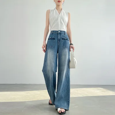 Loose Drooping Slimming Retro High end Straight Pants Blue - Shop at LoveMi