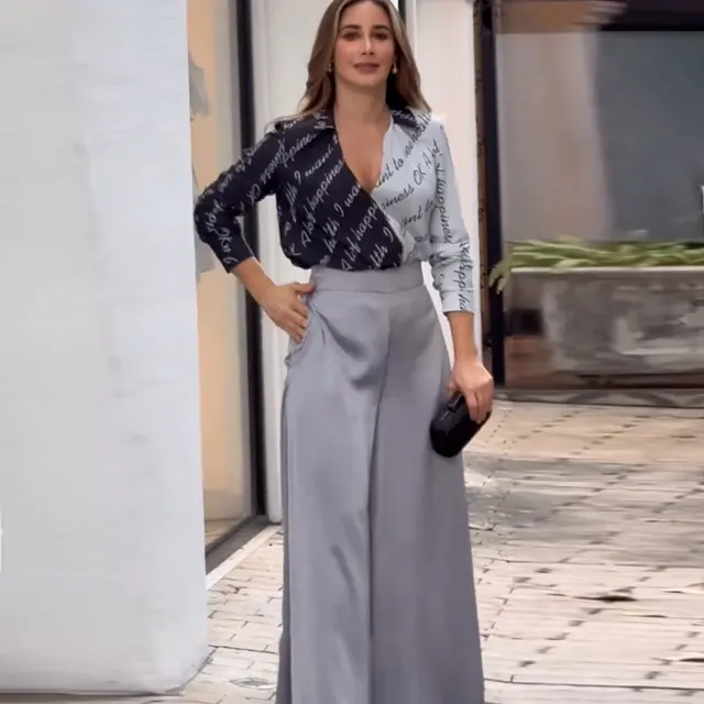 Waist tight Wide leg Pants Two piece Set Women's Pants Suit Color Matching Top Pants - Shop at LoveMi