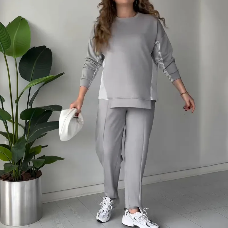 Women's New Loose Round Neck Stitching Comfortable Fashion Casual Set Pants - Gray