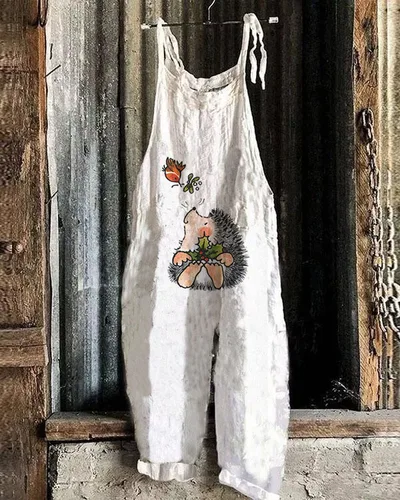 Women's Summer New Cotton Linen Suspender Trousers Printed Suspenders Qf5401 - Shop at LoveMi