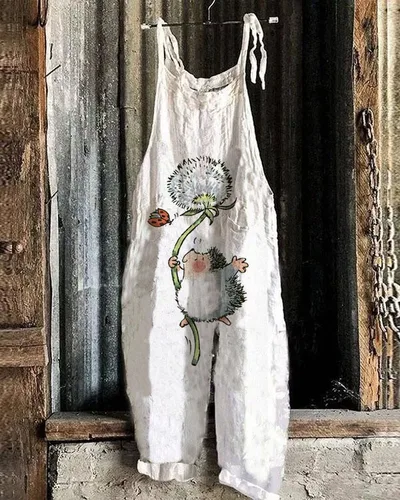 Women's Summer New Cotton Linen Suspender Trousers Printed Suspenders Qf5402 - Shop at LoveMi