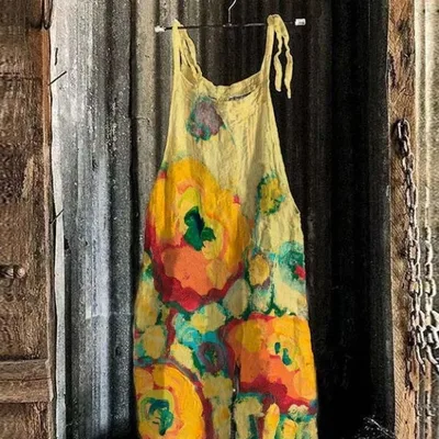 Women's Summer New Cotton Linen Suspender Trousers Printed Suspenders Yj467 - Shop at LoveMi