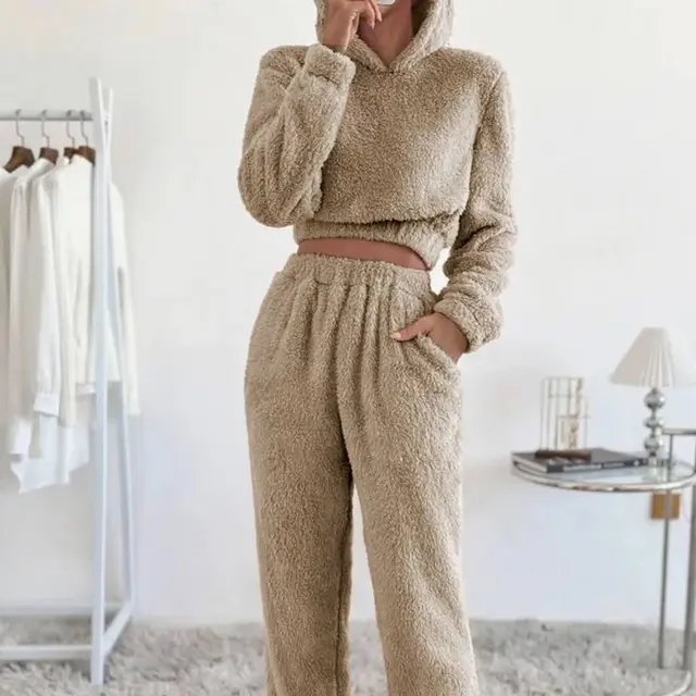 Autumn And Winter Women's Plush Hooded Long Sleeve Casual Suit Khaki - Shop at LoveMi