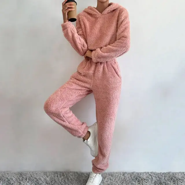 Autumn And Winter Women's Plush Hooded Long Sleeve Casual Suit Pink - Shop at LoveMi