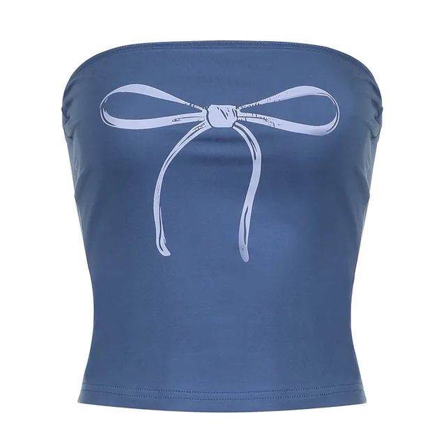 European And American Sweet And Spicy Style Bow Print Slim Tube Top Blue - Shop at LoveMi