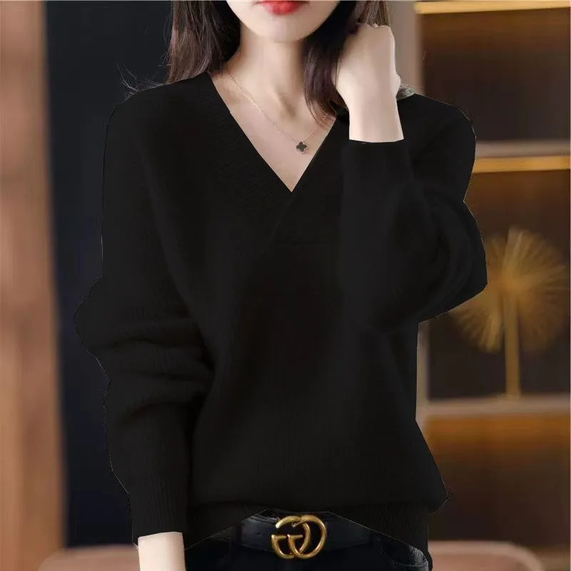 Solid Color Collar Sweater Women's Loose Slimming Black - Shop at LoveMi