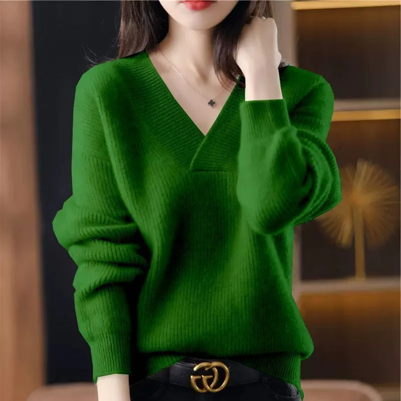 Solid Color Collar Sweater Women's Loose Slimming Green - Shop at LoveMi
