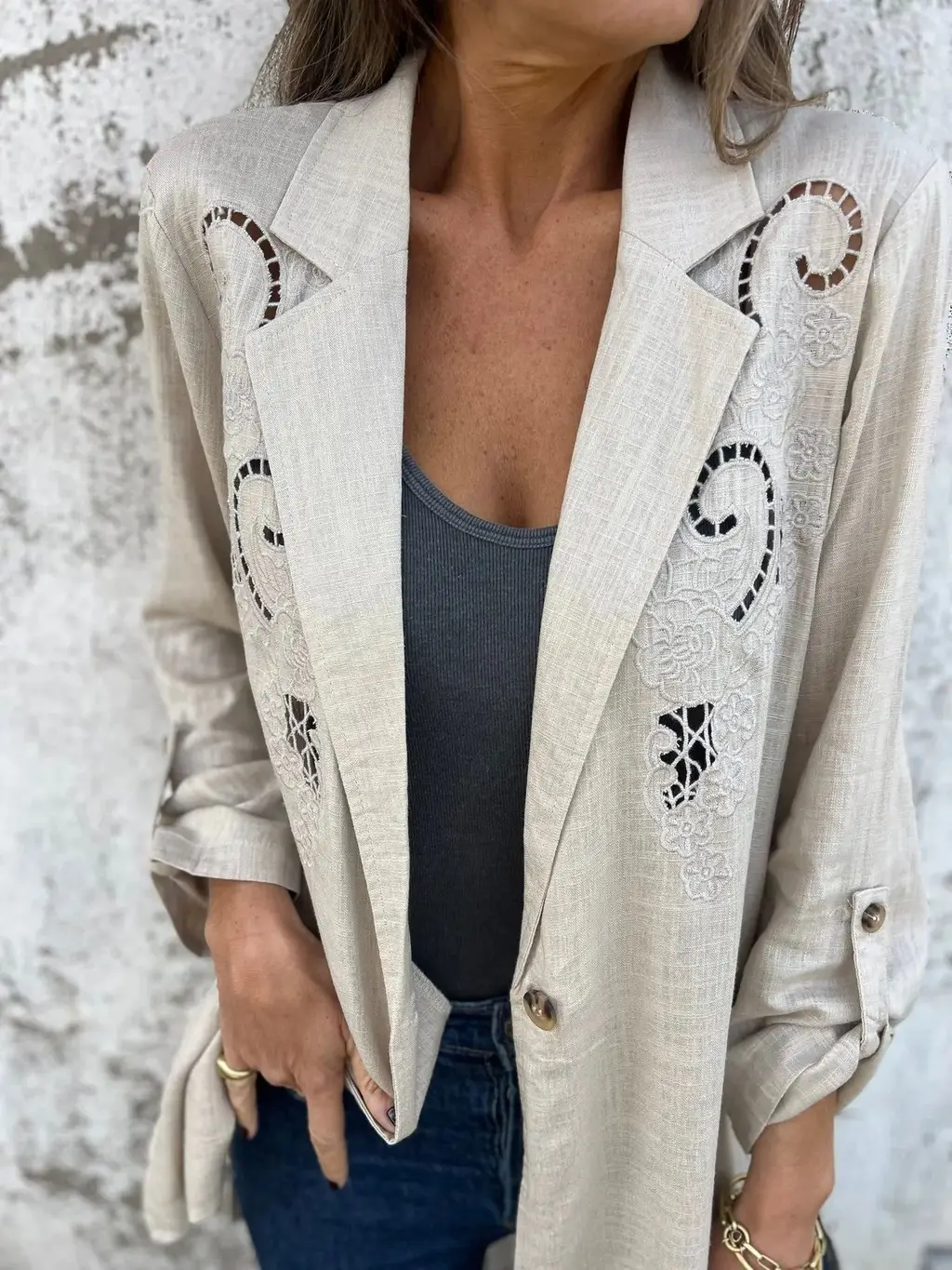 European And American Style Cotton And Linen Hollow Embroidery Loose One Button Small Suit For Women - Apricot
