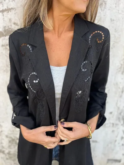 European And American Style Cotton And Linen Hollow Embroidery Loose One Button Small Suit For Women Black - Shop at LoveMi