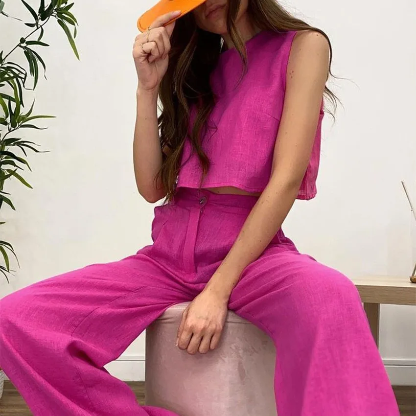 Solid Color Round Neck Sleeveless Vest Top And Trousers - Rose Red