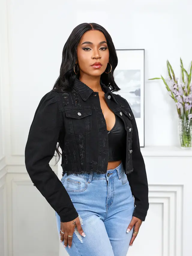 Worn Ripped Puff Sleeve Denim Coat For Women Black - Shop at LoveMi