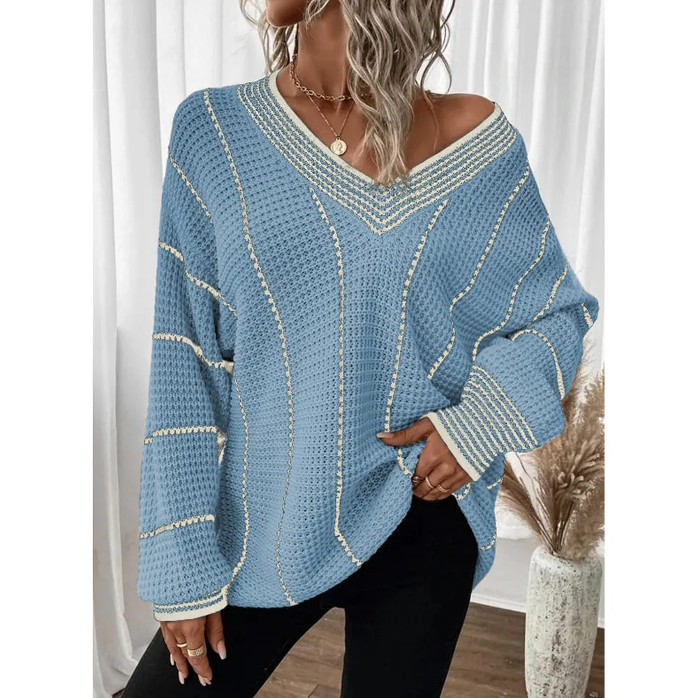 New Autumn And Winter Knitting Striped Pullover Loose Top Sky Blue - Shop at LoveMi
