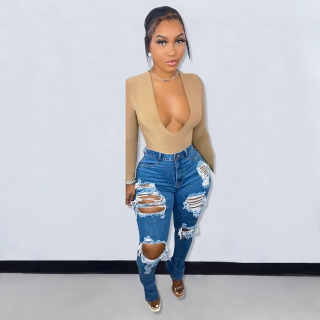 Burnt Flower Ripped Leisure All matching Jeans Female Blue - Shop at LoveMi