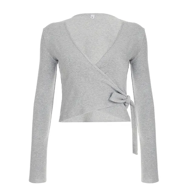 Casual Solid Color Suit Cross Slimming V neckline T shirt Low Waist Fleece lined Basic Casual Pants Light Gray Top - Shop at LoveMi