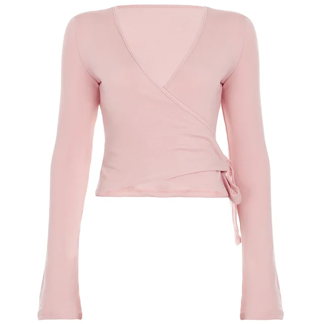 Casual Solid Color Suit Cross Slimming V neckline T shirt Low Waist Fleece lined Basic Casual Pants Light Pink Top - Shop at LoveMi