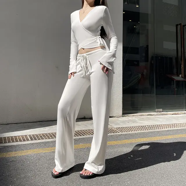 Casual Hot Girl Solid Color Suit Cross Slimming V neckline T shirt Low Waist Fleece lined Basic Casual Pants Zh6004 Beige Suit - Shop at LoveMi
