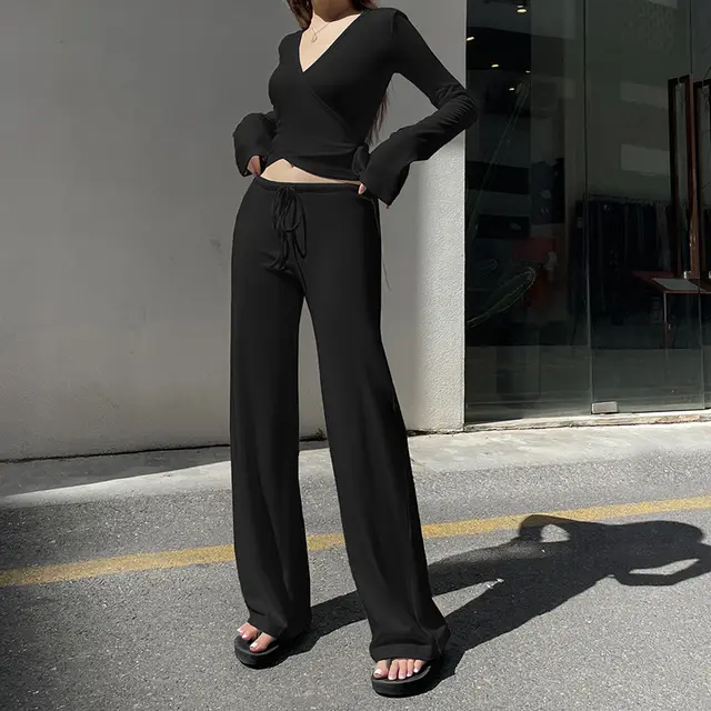 Casual Solid Color Suit Cross Slimming V neckline T shirt Low Waist Fleece lined Basic Casual Pants Zh6004 Black Suit - Shop at LoveMi