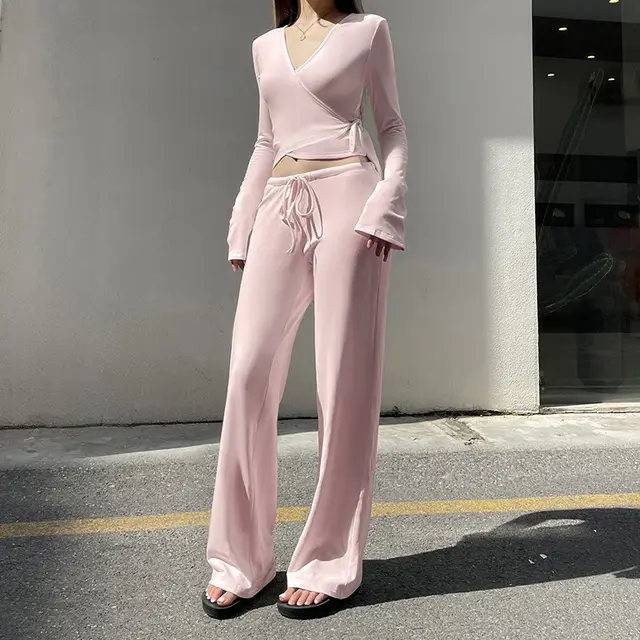Casual Hot Girl Solid Color Suit Cross Slimming V neckline T shirt Low Waist Fleece lined Basic Casual Pants Zh6004 Light Pink Suit - Shop at LoveMi