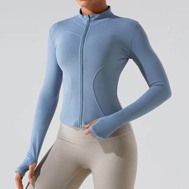 Autumn And Winter Stand Collar Long Sleeve Zipper Cardigan Slimming Sports Workout Clothes Top Blue - Shop at LoveMi