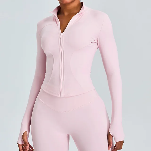 Autumn And Winter Stand Collar Long Sleeve Zipper Cardigan Slimming Sports Workout Clothes Top Cherry Pink - Shop at LoveMi