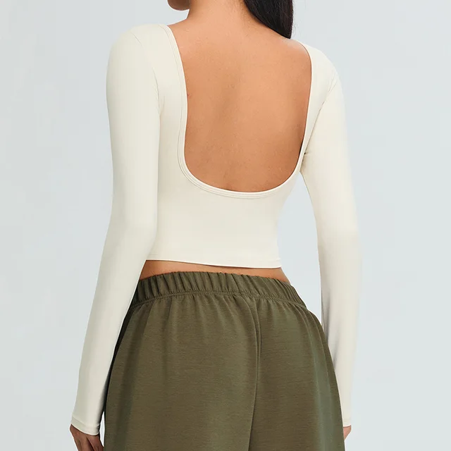 Autumn New Large U Back Yoga Clothes Long Sleeve Women's Short Sports Top White - Shop at LoveMi