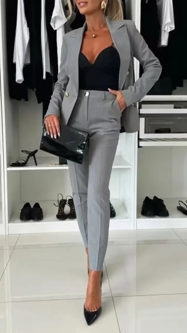 New All matching Casual Suit Lapel Button down Jacket And Slim fit Trousers For Women's Office Business Set Clothing Gray - Shop at LoveMi
