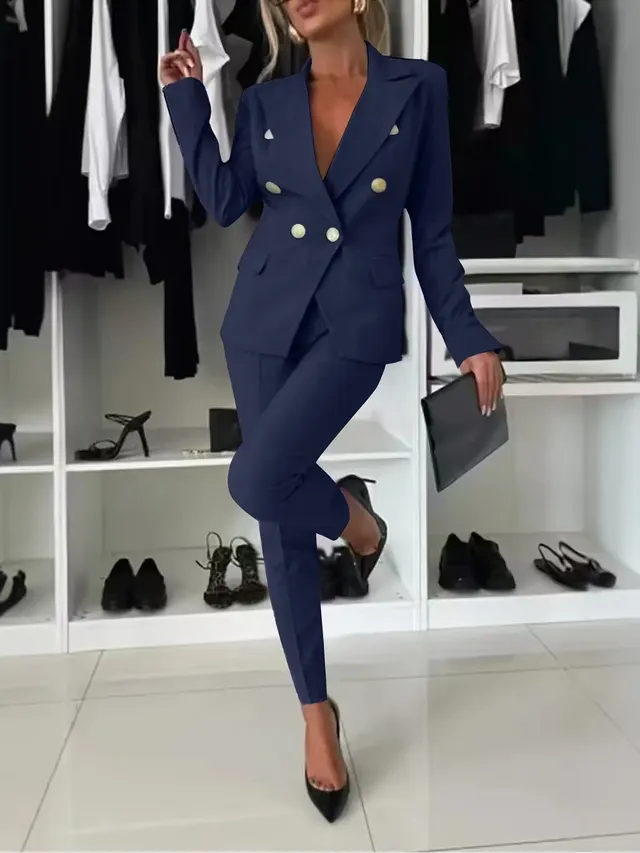 New All matching Casual Suit Lapel Button down Jacket And Slim fit Trousers For Women's Office Business Set Clothing Navy Blue - Shop at LoveMi