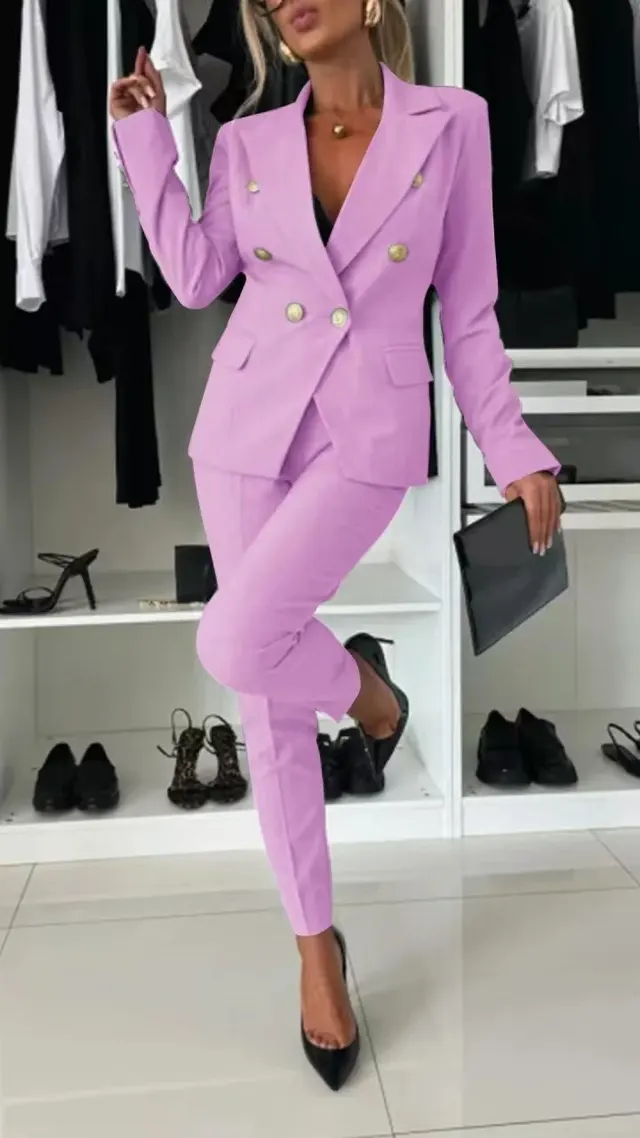 New All matching Casual Suit Lapel Button down Jacket And Slim fit Trousers For Women's Office Business Set Clothing Pink - Shop at LoveMi