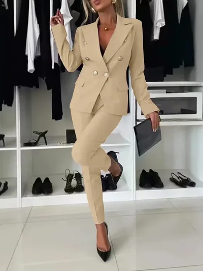 New All matching Casual Suit Lapel Button down Jacket And Slim fit Trousers For Women's Office Business Set Clothing Yellow - Shop at LoveMi