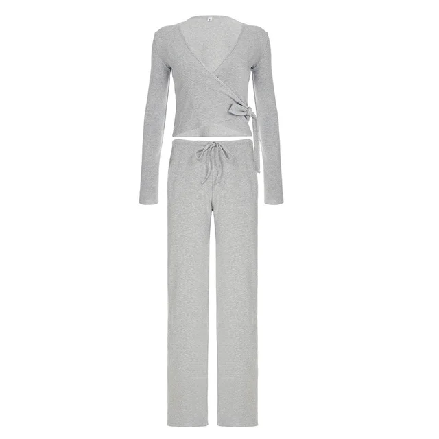 Casual Lace Up Bell Sleeve Top Velvet Padded Loose Trousers Pajamas Two piece Set Gray Suit - Shop at LoveMi