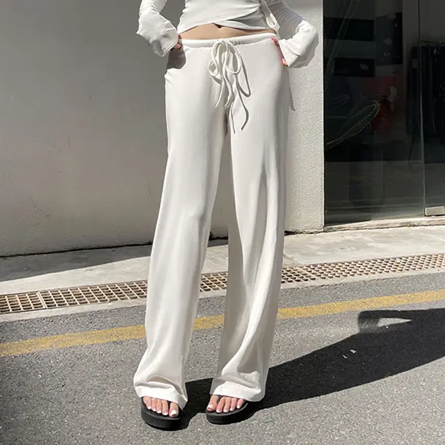 Casual Lace Up Bell Sleeve Top Velvet Padded Loose Trousers Pajamas Two piece Set White Trousers - Shop at LoveMi