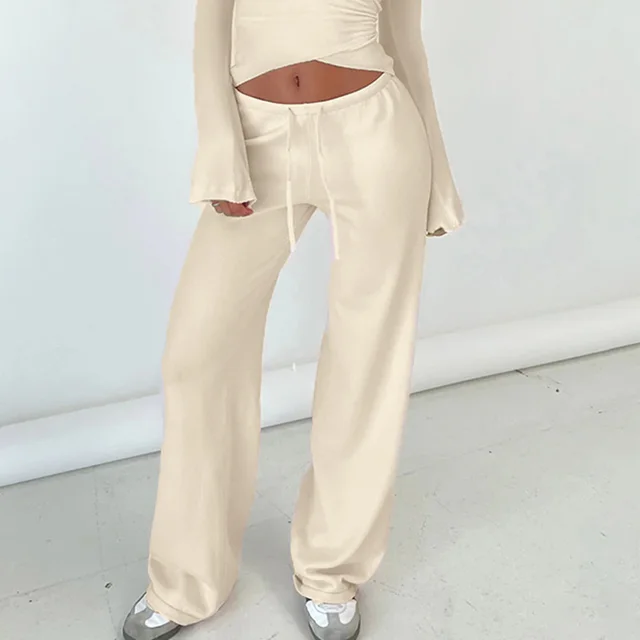 Casual Lace Up Bell Sleeve Top Velvet Padded Loose Trousers Pajamas Two piece Set Yellow Trousers - Shop at LoveMi