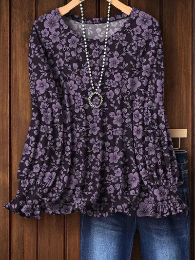 European And American Autumn New Round Neck Floral 3D Printed Long sleeved Top Women Cfa1755Pu - Shop at LoveMi