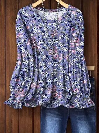European And American Autumn New Round Neck Floral 3D Printed Long-sleeved Top Women - Cfa1902Pu