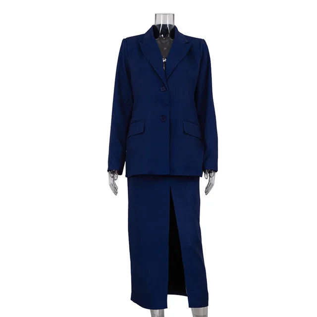 Striped Lapel Long Sleeve Top Suit High Waist Slit Skirt Two piece Suit Blue - Shop at LoveMi