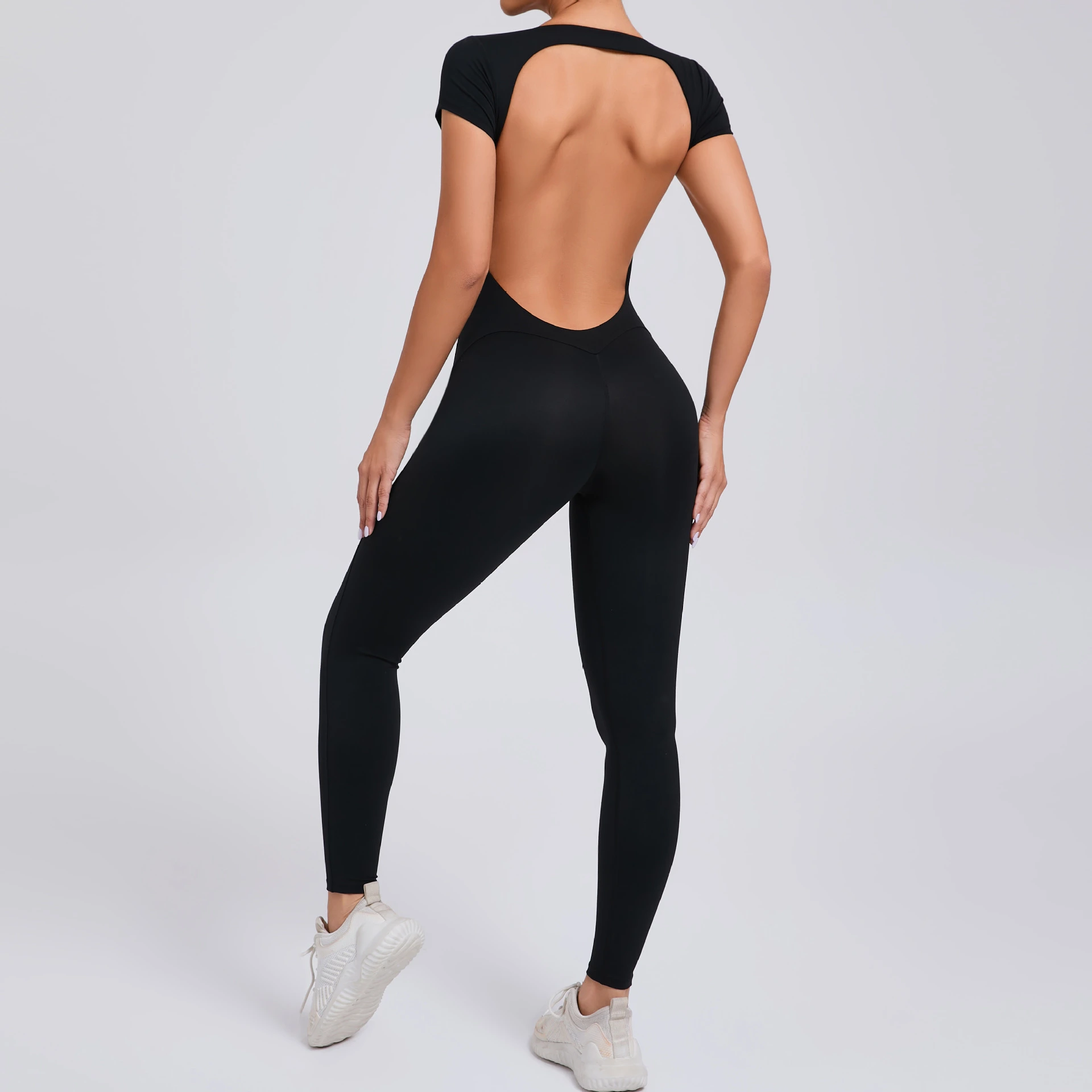 Pure Color Tight Yoga Jumpsuit - Black