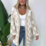 Casual Coat Plaid Long Cardigan Knitted Women's Sweater - Apricot